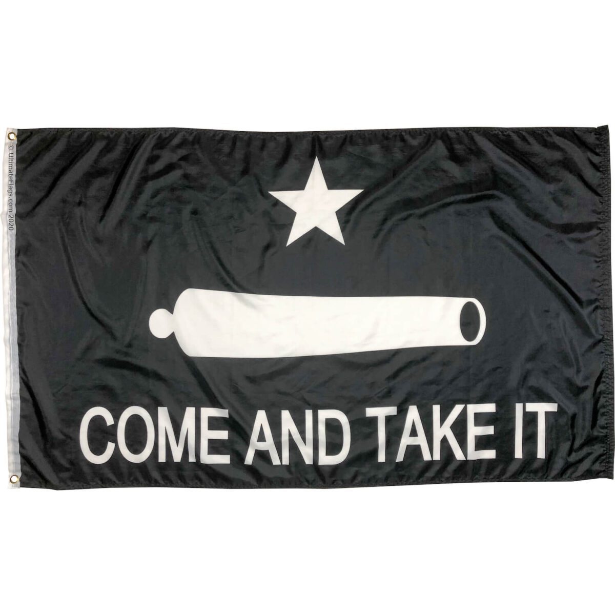Black flag featuring the phrase "Come and Take It" along with a cannon and a star, ideal for patriotic displays. This flag is a great choice for those seeking cheap and affordable options to express their values. Buy online for the best deals at UltimateFlags.com.