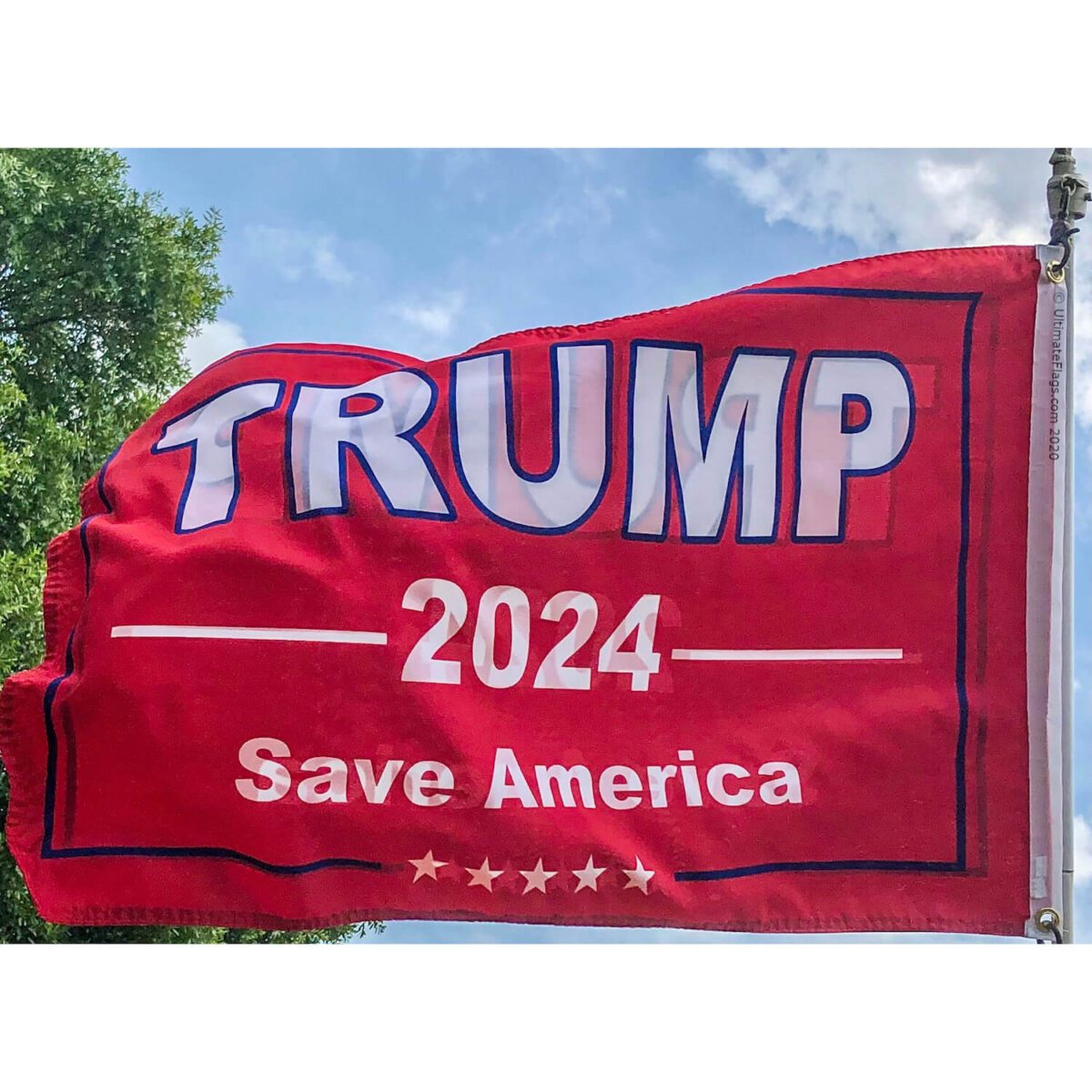 Red Trump 2024 flag featuring the slogan "Save America," perfect for political enthusiasts. This affordable flag is a great choice for showing support and can be easily bought online. Check out UltimateFlags.com for the best deals.