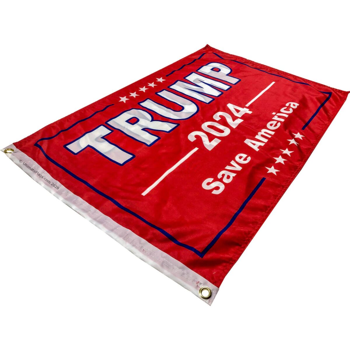 Red Trump 2024 flag featuring "Save America" slogan, perfect for political enthusiasts. Buy online at affordable prices and find the best deals on flags at UltimateFlags.com.