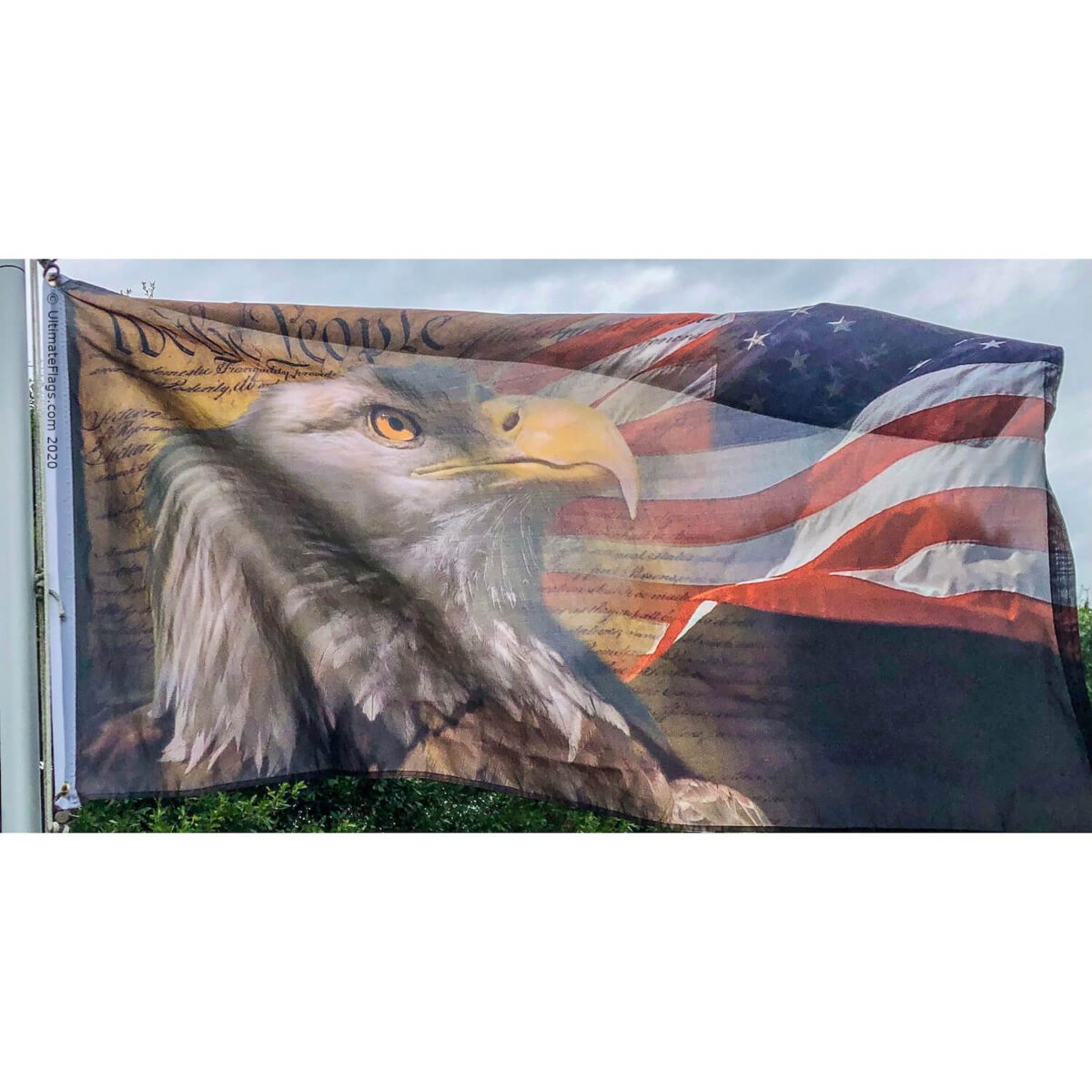 Capture the spirit of patriotism with this stunning eagle flag design, featuring an American flag backdrop and the phrase "We the People." Ideal for showcasing your love for the country, this flag is both affordable and high-quality, making it one of the best options to buy online. Perfect for home decoration or outdoor display, find it at UltimateFlags.com.
