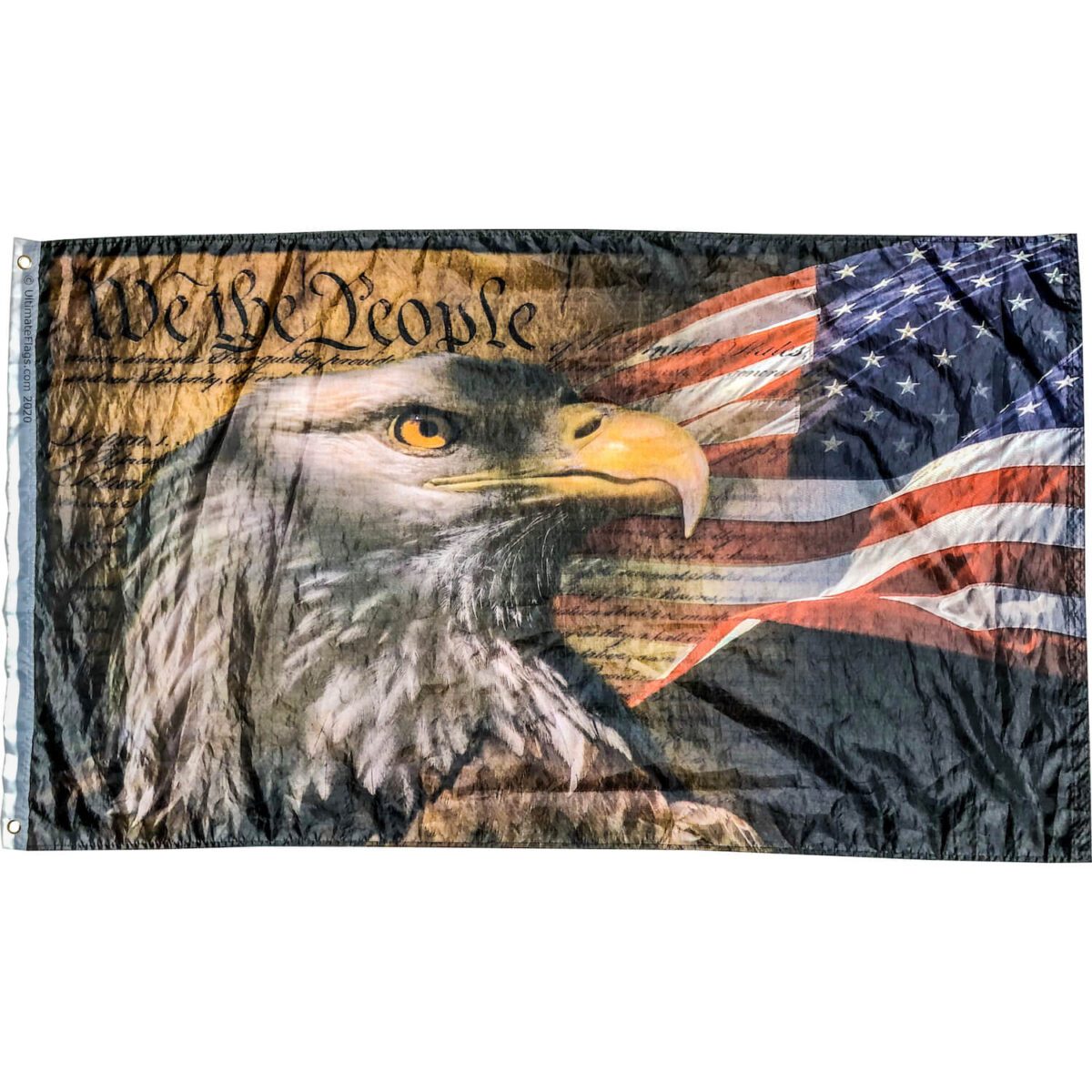 American flag featuring a majestic eagle and the phrase "We the People," symbolizing patriotism and freedom. Perfect for displaying at home or events, this flag is a cheap and affordable option for those looking to buy online. Discover the best deals at UltimateFlags.com.