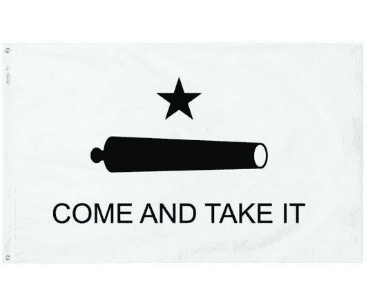 Flag featuring the phrase "Come and Take It" with a cannon and star, representing a symbol of defiance and independence. Ideal for those looking for cheap and affordable flags to express their values. Buy online now at UltimateFlags.com for the best selection.