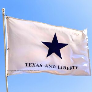 Texas and Liberty flag waving against a clear blue sky, symbolizing freedom and pride. This affordable flag is perfect for those looking to buy online at the best prices. Explore more at UltimateFlags.com.