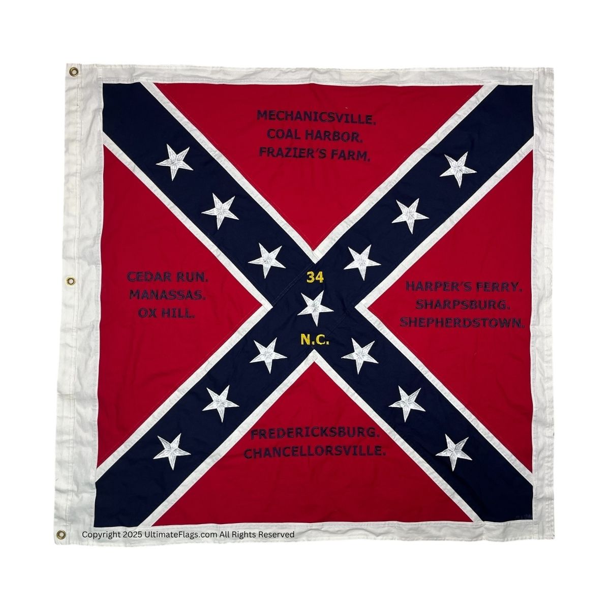 Confederate battle flag featuring the names of significant Civil War battles such as Mechanicsville, Coal Harbor, and Fredericksburg. This high-quality flag is perfect for collectors and history enthusiasts looking for affordable options. Buy online for the best deals at UltimateFlags.com.