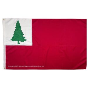 This image features a vibrant red flag with a green tree emblem, representing a unique design ideal for outdoor displays. It is a cheap and affordable option for those looking to buy online. Discover the best selection of flags at UltimateFlags.com.