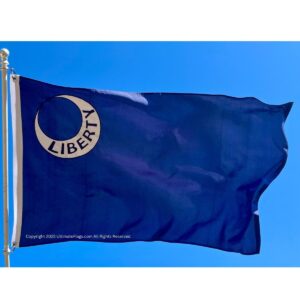 Blue flag featuring the word "LIBERTY" and a crescent moon design, perfect for patriotic displays. This affordable flag is a great choice for those looking to buy online at the best prices. Shop now at UltimateFlags.com.