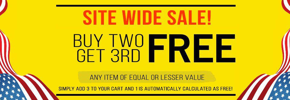 Image promoting a store-wide sale offering "Buy Two, Get One Free" on all items, highlighting affordable deals and encouraging customers to buy online. Find the best prices on flags and accessories at UltimateFlags.com.