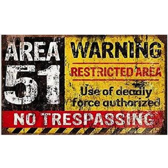Vintage-style Area 51 warning sign featuring bold text indicating a restricted area with a warning about deadly force. Ideal for collectors or as a unique decor piece, this affordable sign is perfect for those looking to buy online. Get the best deals on novelty signs at UltimateFlags.com.