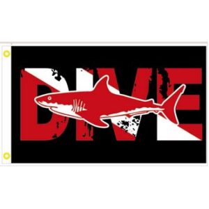 Dive flag design featuring a shark silhouette, perfect for scuba diving enthusiasts. This eye-catching flag is cheap and affordable, making it one of the best options to buy online. Ideal for adding to your diving gear collection. Available at UltimateFlags.com.