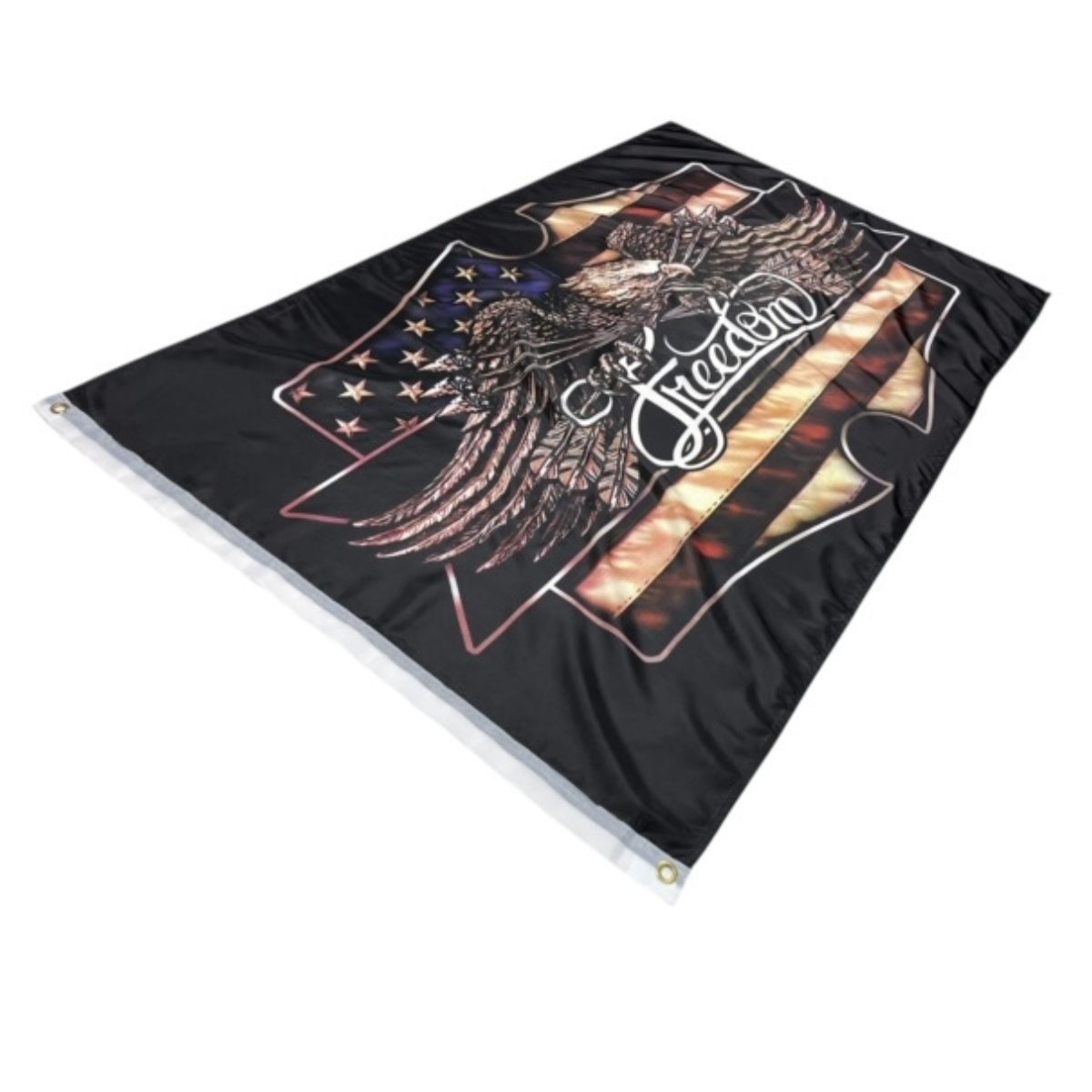 Detailed image of a high-quality flag featuring an eagle design with American flag elements, ideal for patriotic displays. This flag is a cheap and affordable option for anyone looking to buy online. Find the best selection at UltimateFlags.com.