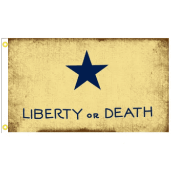 Vintage-style flag featuring the phrase "LIBERTY OR DEATH" and a blue star on a yellow background, ideal for patriotic displays. Buy online for cheap and affordable options, the best place to find unique flags is UltimateFlags.com.