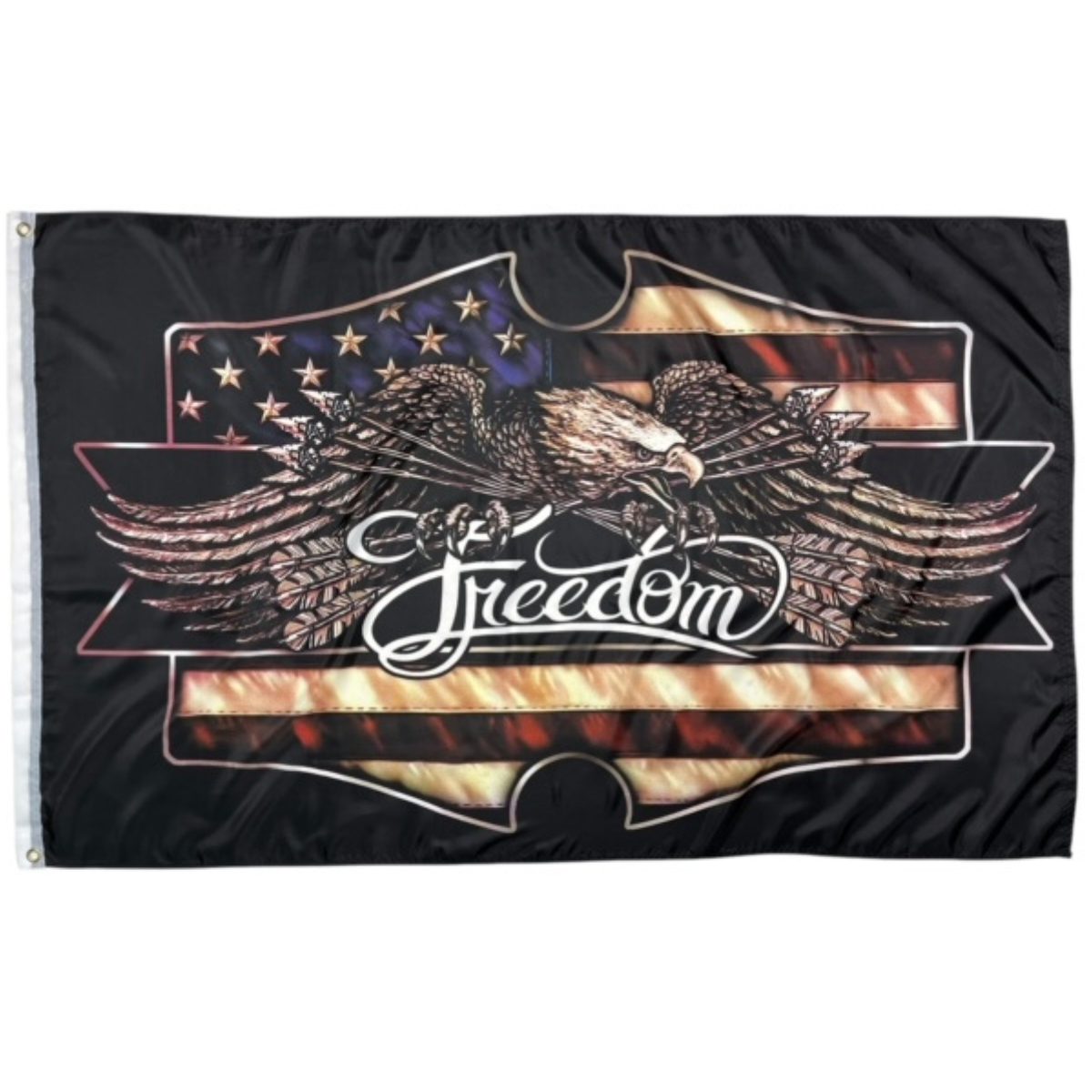 American flag featuring an eagle and the word "Freedom," perfect for patriotic decor. Buy online for cheap and affordable options. Best quality flags available at UltimateFlags.com.