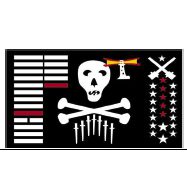 Pirate flag design featuring a skull, crossbones, and various symbols, perfect for themed events and decor. Buy this cheap and affordable flag online for the best price. Visit UltimateFlags.com.