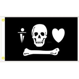Skull and crossbones flag design featuring a skull, heart, and bone on a black background, ideal for those looking for cheap and affordable flags. Buy online for the best deals at UltimateFlags.com.