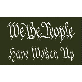 A flag featuring the text "We the People Have Woken Up" in an elegant font on a dark green background, perfect for expressing patriotism. This affordable and eye-catching flag is one of the best options to buy online for those looking to make a statement. Visit UltimateFlags.com for more details.