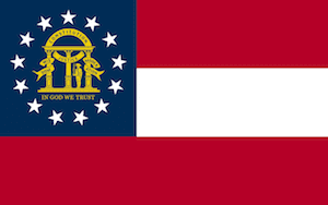 Georgia State flag current design looks similar to 1st National Confederate Flag and Betsy Ross flag with Georgia's coat of arms emblem inside 13 circle of stars