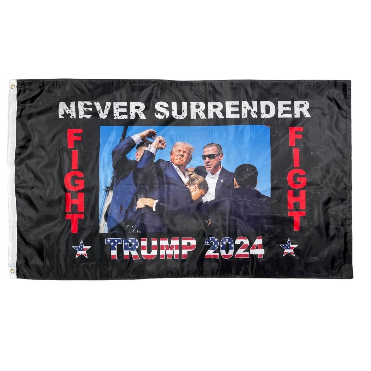 Trump 2024 flag featuring the slogan "Never Surrender" and a bold design, perfect for supporters looking for cheap and affordable political memorabilia. This eye-catching flag is the best choice to buy online for displaying your support. Available at UltimateFlags.com.
