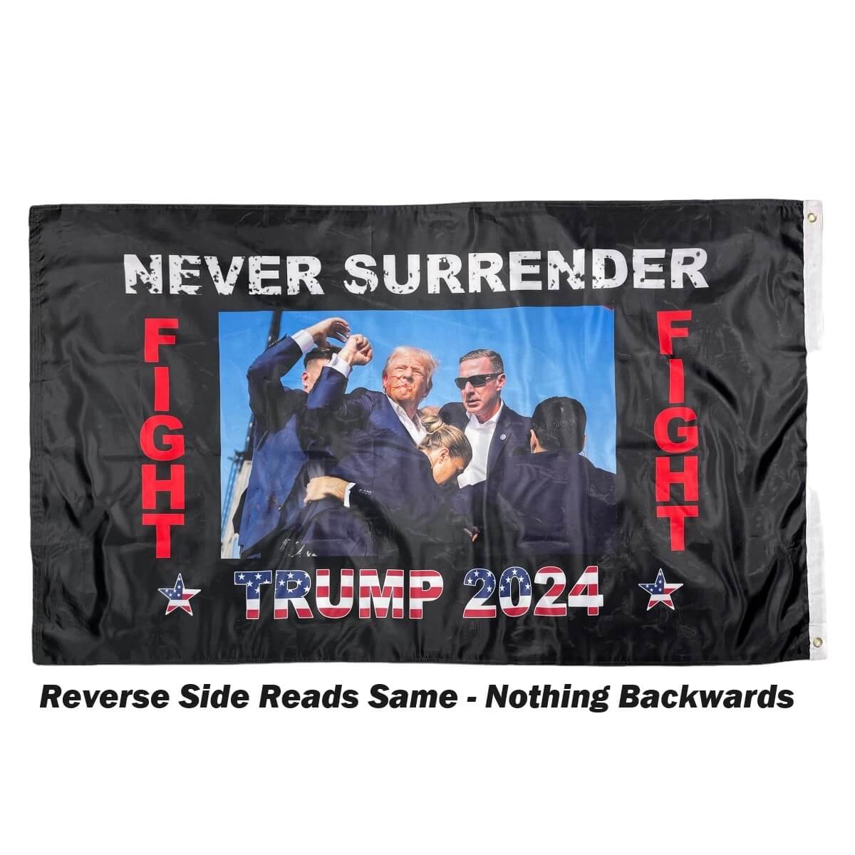 Flag featuring the slogan "Never Surrender" and imagery supporting Trump 2024, perfect for showing your political stance. Ideal for those looking to buy online at affordable prices, this flag is a great addition to your collection. Get the best deals on political merchandise at UltimateFlags.com.