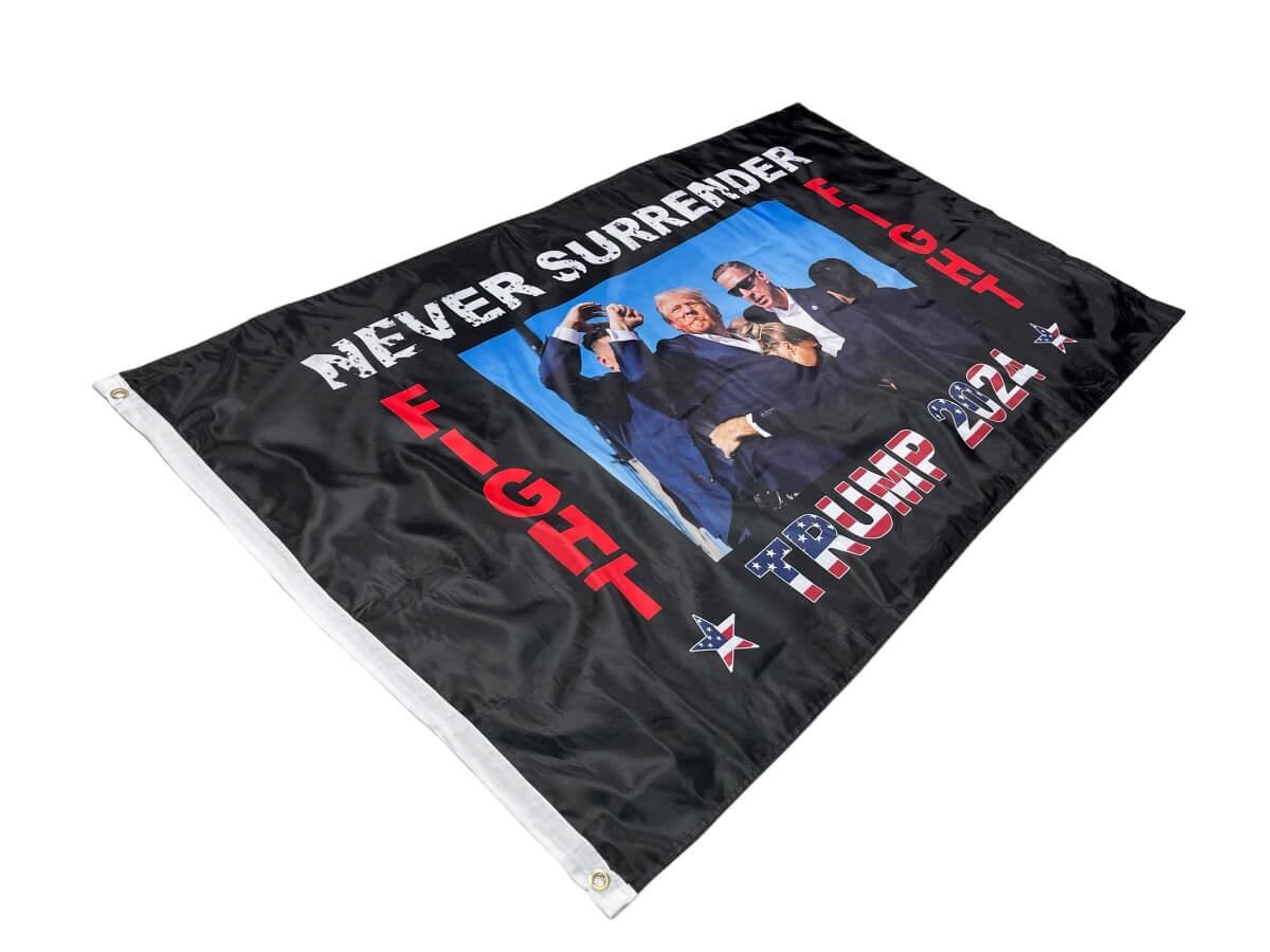 This image features a high-quality flag with the bold message "NEVER SURRENDER" and an inspiring design, perfect for those looking to express their values. Ideal for fans of patriotism and motivation, this flag is available for cheap prices and is an affordable choice for anyone wanting to buy online. Discover the best selection at UltimateFlags.com.