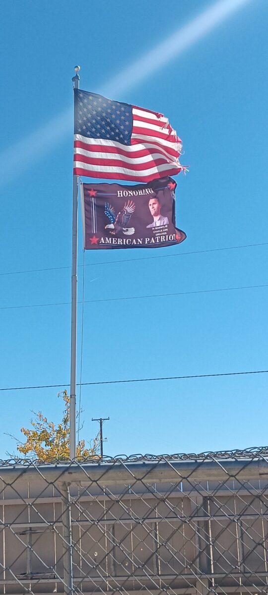 American patriot flag waving against a clear blue sky, featuring iconic imagery and vibrant colors. This affordable flag is perfect for showing your patriotism. Buy online for the best deals at UltimateFlags.com.