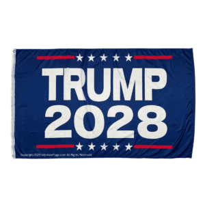 Trump 2028 flag featuring bold white lettering on a blue background, perfect for supporters looking to buy online. This affordable and stylish flag is a great way to show your support, making it one of the best options available. Shop now at UltimateFlags.com.