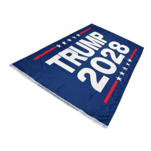 Trump 2028 flag displayed in vibrant blue with bold white lettering, perfect for supporters looking to buy online at affordable prices. Explore the best options for cheap flags at UltimateFlags.com.