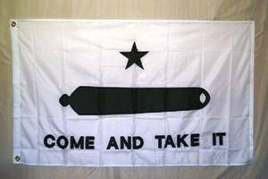 This image features a "Come and Take It" flag, showcasing a bold design with a star and a cannon symbol. Perfect for expressing your values, this flag is available at an affordable price. Buy online and discover the best deals on unique flags at UltimateFlags.com.