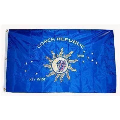 Vibrant blue flag representing the Conch Republic, featuring a sun design and the text "Conch Republic 1828 Key West." Ideal for those looking to buy online affordable and cheap flags. Best choice for showcasing your love for Key West. Available at UltimateFlags.com.
