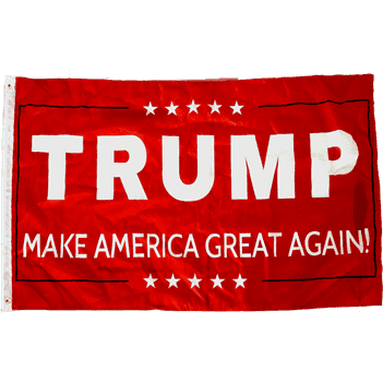 Bright red Trump flag featuring the slogan "Make America Great Again!" Ideal for supporters looking for cheap and affordable political merchandise. Buy online for the best deals at UltimateFlags.com.