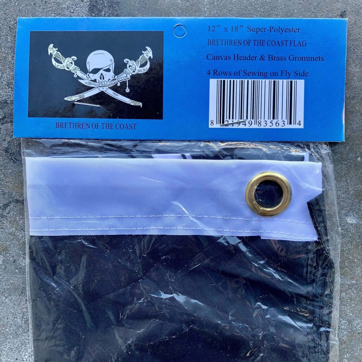 Brethren of the Coast flag, measuring 12" x 18", made of durable super-polyester material with a canvas header and brass grommets, perfect for outdoor use. This affordable flag features four rows of sewing on the fly side, ensuring durability. Ideal for pirate-themed events or decor, this is one of the best options to buy online at a cheap price. Visit UltimateFlags.com for more details.