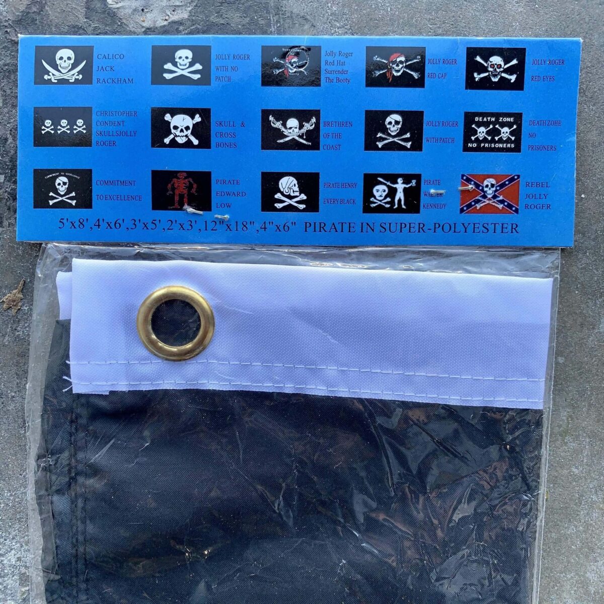 Black pirate flag set with various skull and crossbones designs, perfect for themed parties or decoration. Affordable and best quality options available to buy online at UltimateFlags.com.