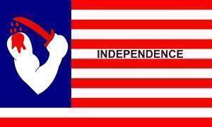 A creative and bold flag design featuring a muscular arm holding a sword with the word "INDEPENDENCE" prominently displayed. This unique flag symbolizes strength and freedom, perfect for those seeking affordable and eye-catching decorations. Buy online now at UltimateFlags.com for the best selection of flags.