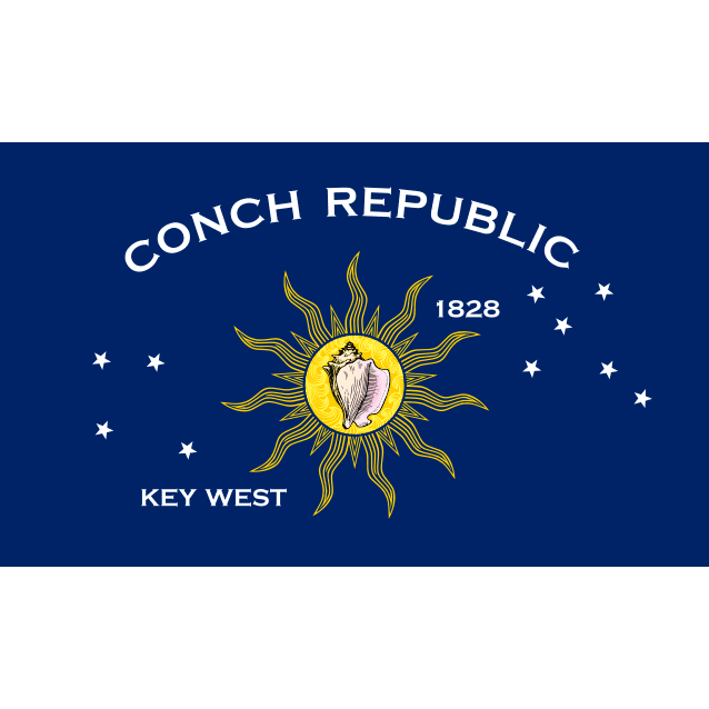 Conch Republic flag featuring a vibrant sun design and the text "Conch Republic 1828 Key West." Ideal for collectors or as a decorative piece, this flag is cheap and affordable. Buy online for the best deals at UltimateFlags.com.