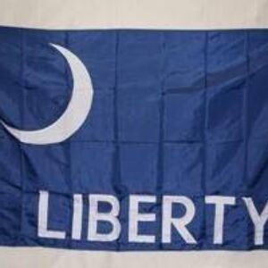 Blue flag featuring the word "LIBERTY" in bold white letters with a crescent moon design. This flag is a perfect choice for those seeking cheap and affordable options to showcase their love for freedom. Buy online now to get the best deals on quality flags at UltimateFlags.com.