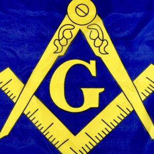 Masonic flag featuring a blue background with yellow symbols of a square and compass, representing Freemasonry. Ideal for those looking to buy online affordable and cheap Masonic memorabilia. Discover the best deals at UltimateFlags.com.