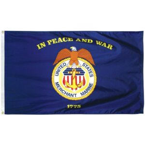 United States Merchant Marine flag featuring an eagle and the motto "In Peace and War." This flag is perfect for those looking to buy online an affordable and high-quality option. Discover the best deals on flags at UltimateFlags.com.