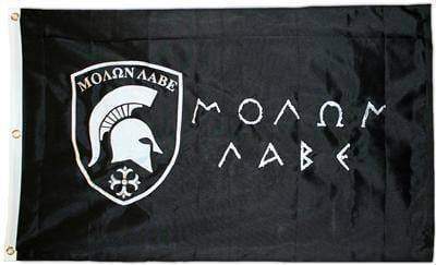 This black flag features a Spartan helmet emblem and the phrase "ΜΟΛΩΝ ΛΑΒΕ," symbolizing strength and resilience. Perfect for those seeking affordable and stylish decor, this flag is a great choice for outdoor events or home display. Buy online for the best deals at UltimateFlags.com.