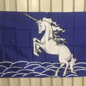 Unicorn flag featuring a majestic white unicorn against a blue background, perfect for adding a whimsical touch to any space. This affordable and eye-catching flag is a great choice for those looking to buy online. Discover the best deals on unique flags at UltimateFlags.com.