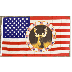 American flag featuring a majestic deer design in the center, perfect for outdoor enthusiasts and hunters. This flag is a great option for those looking for cheap and affordable décor. Buy online for the best selection at UltimateFlags.com.