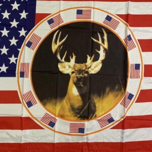 A vibrant American flag featuring a majestic deer in the center, surrounded by small American flags, perfect for patriotic displays. This affordable and eye-catching flag is ideal for those looking to buy online. Discover the best deals at UltimateFlags.com.