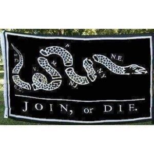 This image features a historical "Join, or Die" flag design with a striking black background and a stylized snake, symbolizing unity and resistance. Ideal for history buffs and patriotic displays, this flag is available at a cheap and affordable price. Shop the best options to buy online at UltimateFlags.com.