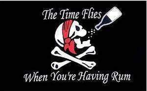 Skull and crossbones design with the text "The Time Flies When You're Having Rum," perfect for pirate-themed parties or beach decor. Buy online for cheap and affordable options to enhance your collection. Best deals available at UltimateFlags.com.