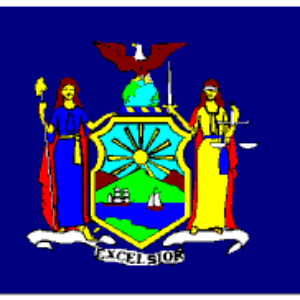 New York State flag featuring the state seal with two female figures representing Liberty and Justice, surrounded by a blue background. This is a great option for those looking to buy online affordable flags. Find the best deals on flags at UltimateFlags.com.