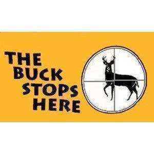 Colorful sign featuring the phrase "The Buck Stops Here" alongside a deer graphic, perfect for hunting enthusiasts. Discover cheap and affordable options for outdoor decor and signage. Buy online for the best deals at UltimateFlags.com.