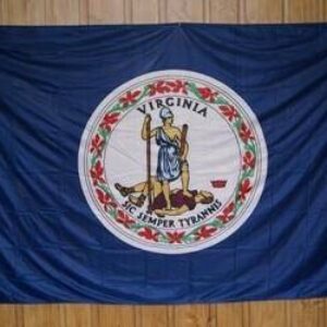 Virginia state flag displayed on a wooden wall, showcasing the vibrant blue background and detailed emblem. Perfect for those looking to buy online a cheap and affordable flag to represent Virginia. This flag is among the best options available for state pride. Shop now at UltimateFlags.com.
