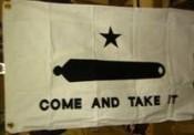 Flag featuring the phrase "Come and Take It" with a black silhouette of a cannon and a star, symbolizing defiance and independence. Ideal for those looking for cheap and affordable patriotic decorations, this flag is among the best options to buy online. Explore more at UltimateFlags.com.