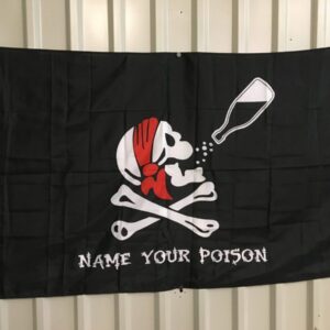Pirate-themed flag featuring a skull with a red bandana and the phrase "NAME YOUR POISON," perfect for adding a fun touch to any space. This affordable and eye-catching design is one of the best options to buy online for those looking to express their personality. Visit UltimateFlags.com for great deals!