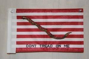 Gadsden flag featuring a coiled rattlesnake and the phrase "Don't Tread on Me," symbolizing American independence and freedom. This flag is available at a cheap and affordable price, making it one of the best options to buy online. Visit UltimateFlags.com for more details.